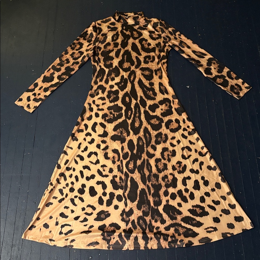 Leopard print fitted X-line midi long-sleeved dress with stand collar - Picture 2 of 3